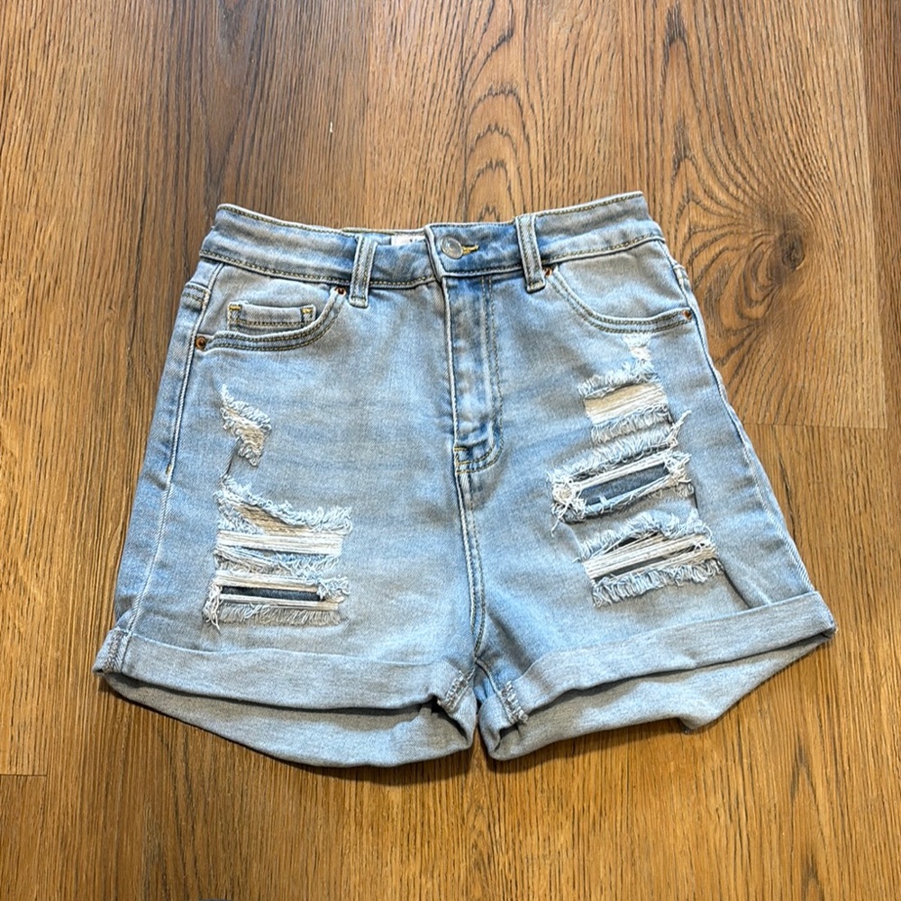 3 for $15! Wax Jean Blue Distressed High-Waisted Jean Shorts